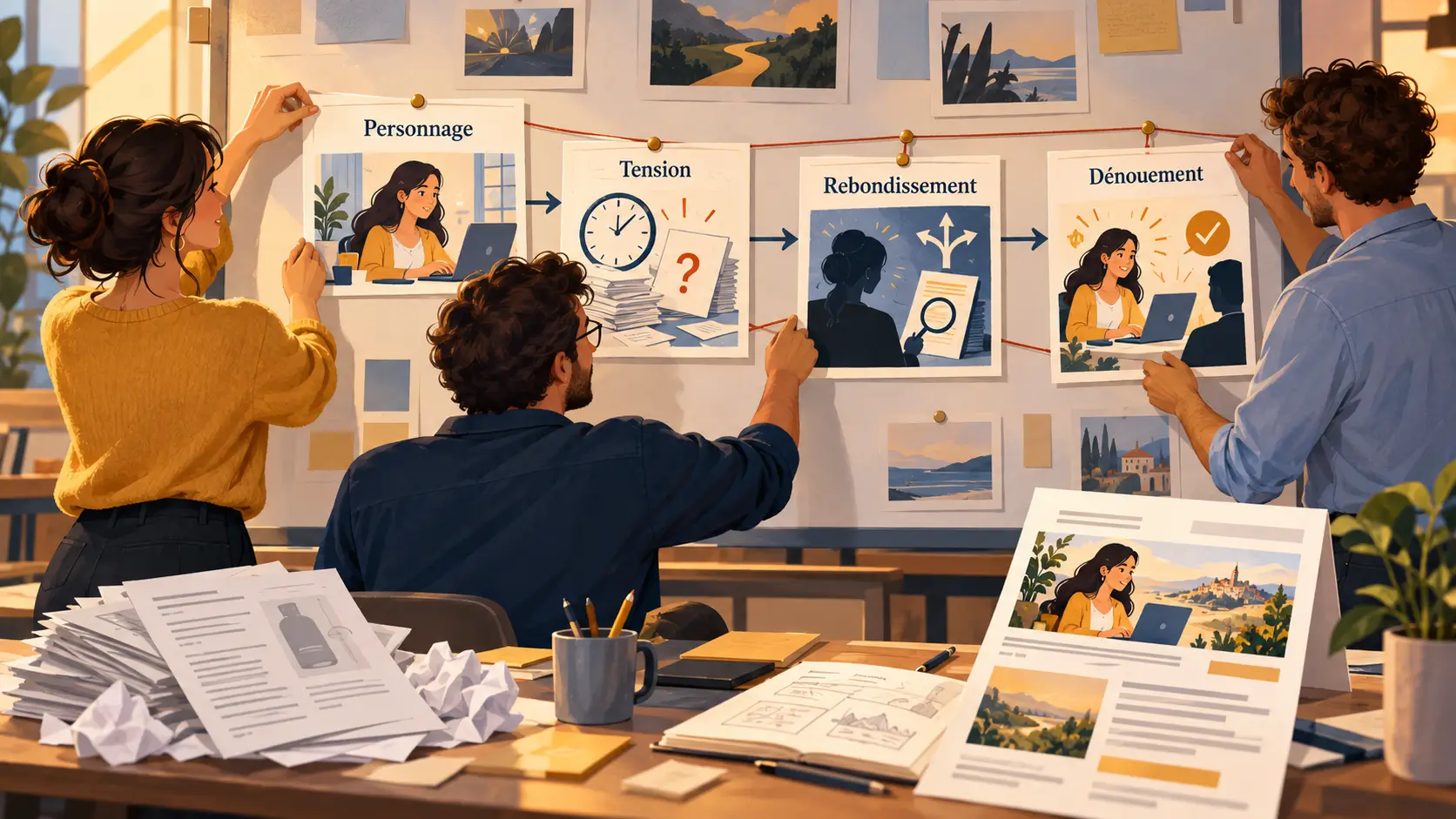 Une équipe marketing construit le récit d’une newsletter, du personnage au dénouement